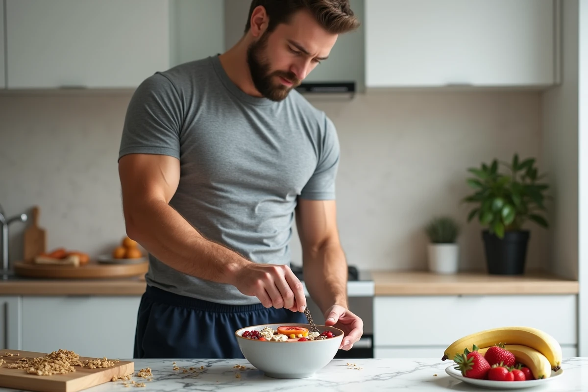 Homme préparant un bol de smoothie sain avec des fruits frais et du granola dans une cuisine moderne