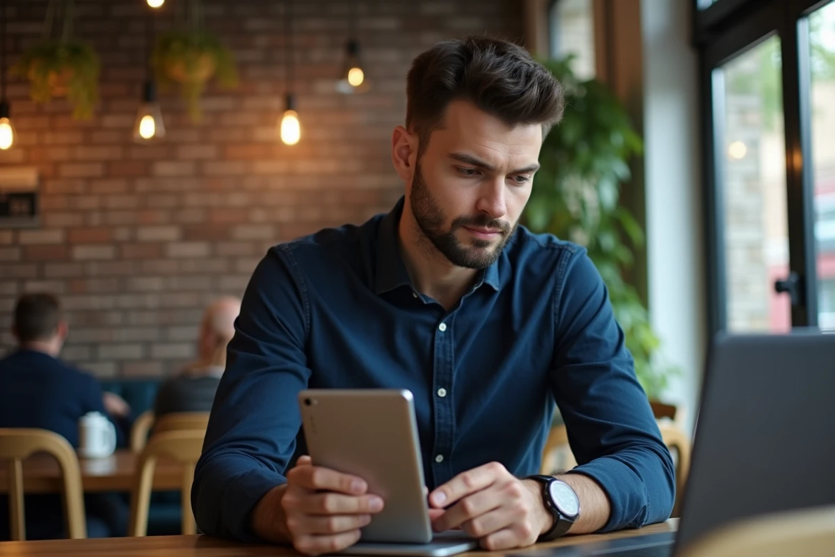 Homme naviguant sur une alternative au Play Store depuis une tablette Android dans un café