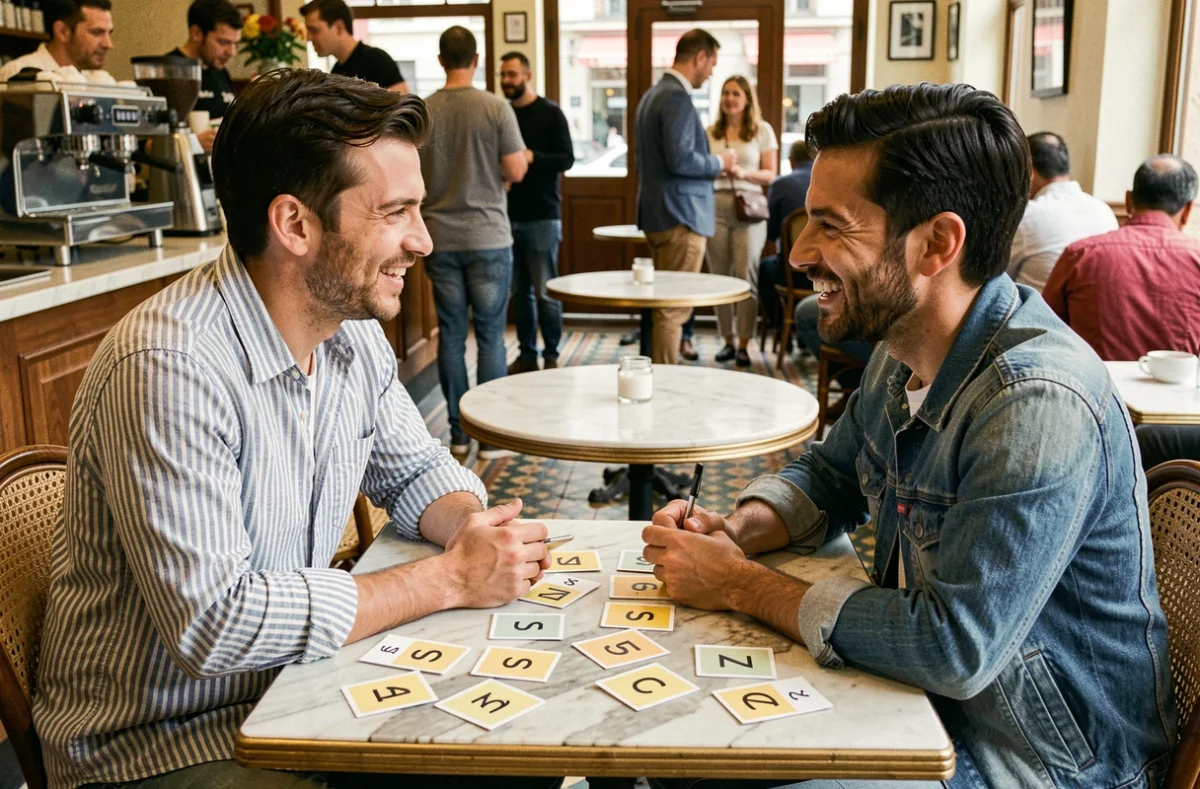 Deux amis pratiquant l'espagnol ensemble dans un café avec des flashcards de mots en S posées sur la table