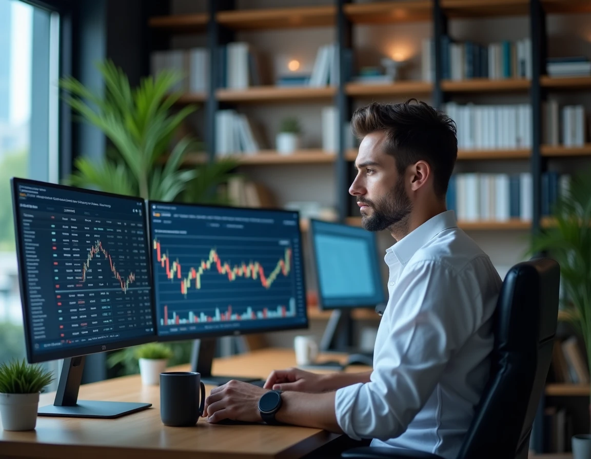 Homme analysant des graphiques boursiers sur double écran dans un bureau moderne, stratégie d'investissement en Bourse