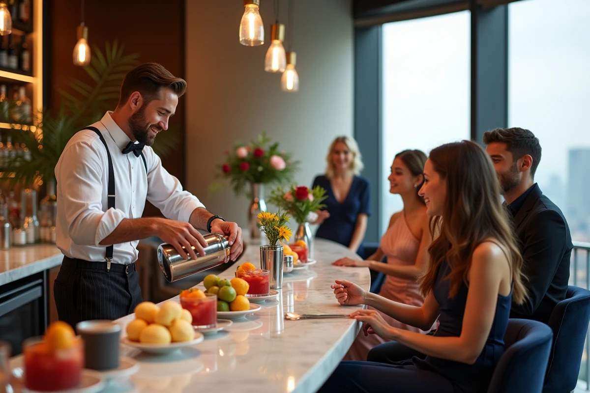 Atelier cocktail animé par un mixologue lors d'un cocktail de mariage original dans un espace contemporain avec vue sur la ville