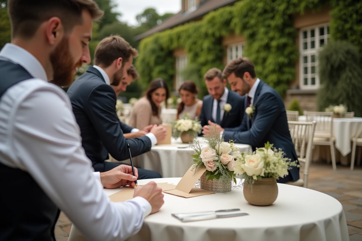 Calligraphe personnalisant des cartes pour les invités lors d'une animation originale de réception de mariage en jardin