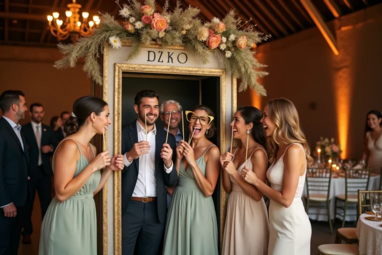 Invités de mariage qui s'amusent autour d'un photobooth vintage décoré de fleurs séchées lors d'une réception en grange rustique