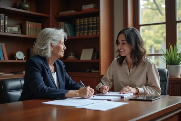 Femme de 58 ans et sa fille adulte examinant des documents de donation notariale dans un bureau professionnel en bois chaleureux