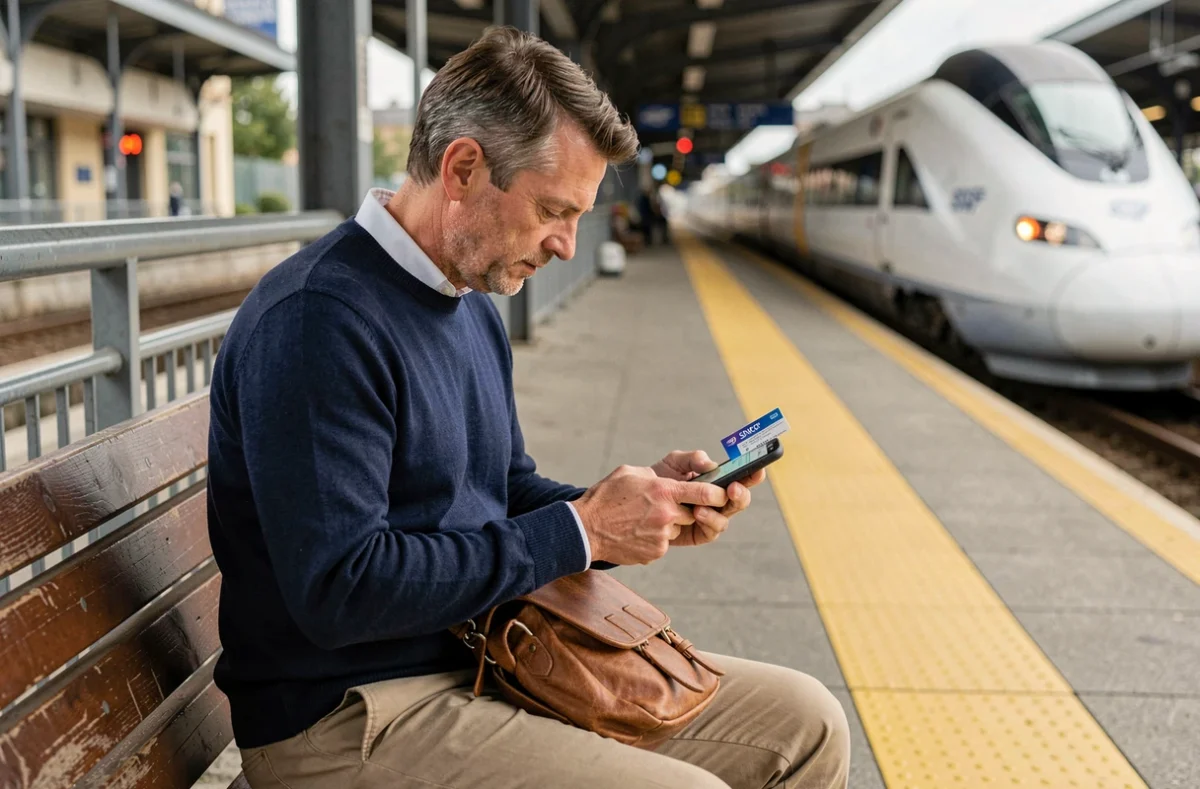 Homme consultant l'application SNCF sur son téléphone pour modifier un billet de train en gare