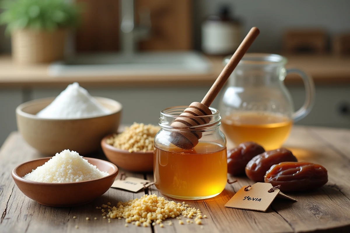 Assortiment de sucres naturels dont le miel brut, le sucre de coco et des dattes sur une table en bois rustique, comparaison pour régime sans sucre ajouté