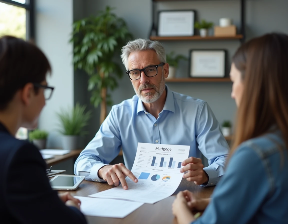 Conseiller financier expliquant des solutions de financement immobilier à plusieurs clients dans un bureau professionnel