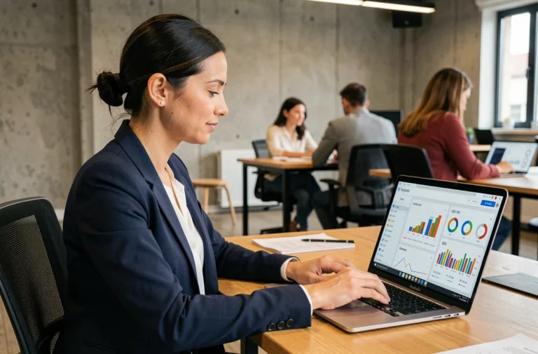 Consultante en agence web analysant des tableaux de bord SEO sur un ordinateur portable dans un espace de coworking moderne