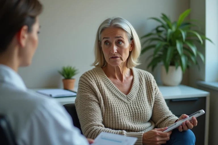 Femme d'âge moyen en consultation médicale pour des troubles somatiques, exprimant une inquiétude face à son médecin dans un cabinet neutre