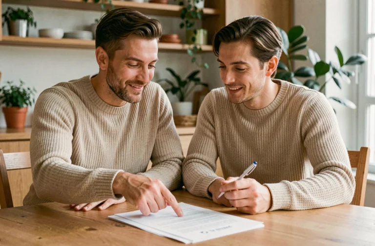 Couple examinant des documents de prêt immobilier à une table en bois dans un appartement moderne
