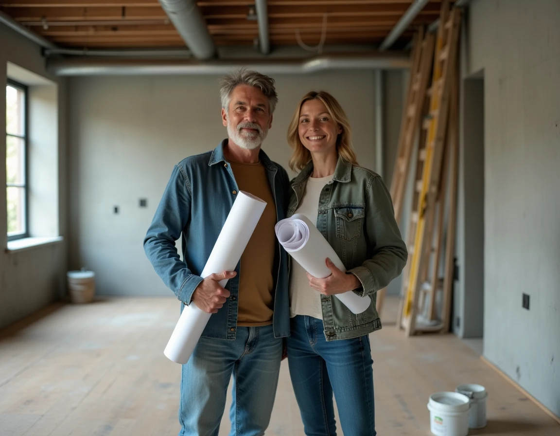 Couple tenant des plans architecturaux dans un appartement en cours de rénovation pour un projet immobilier à deux