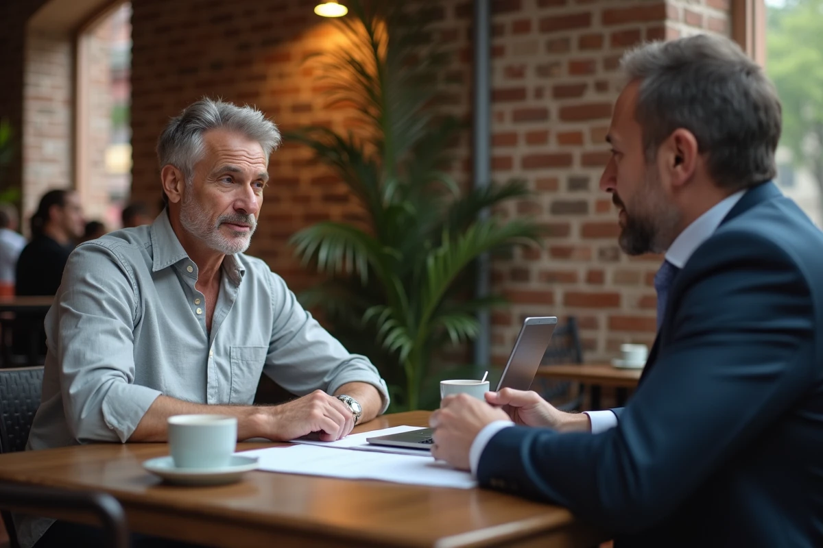 Homme dans la cinquantaine discutant d'une stratégie de donation anticipée avec un notaire dans un café au cadre urbain chaleureux