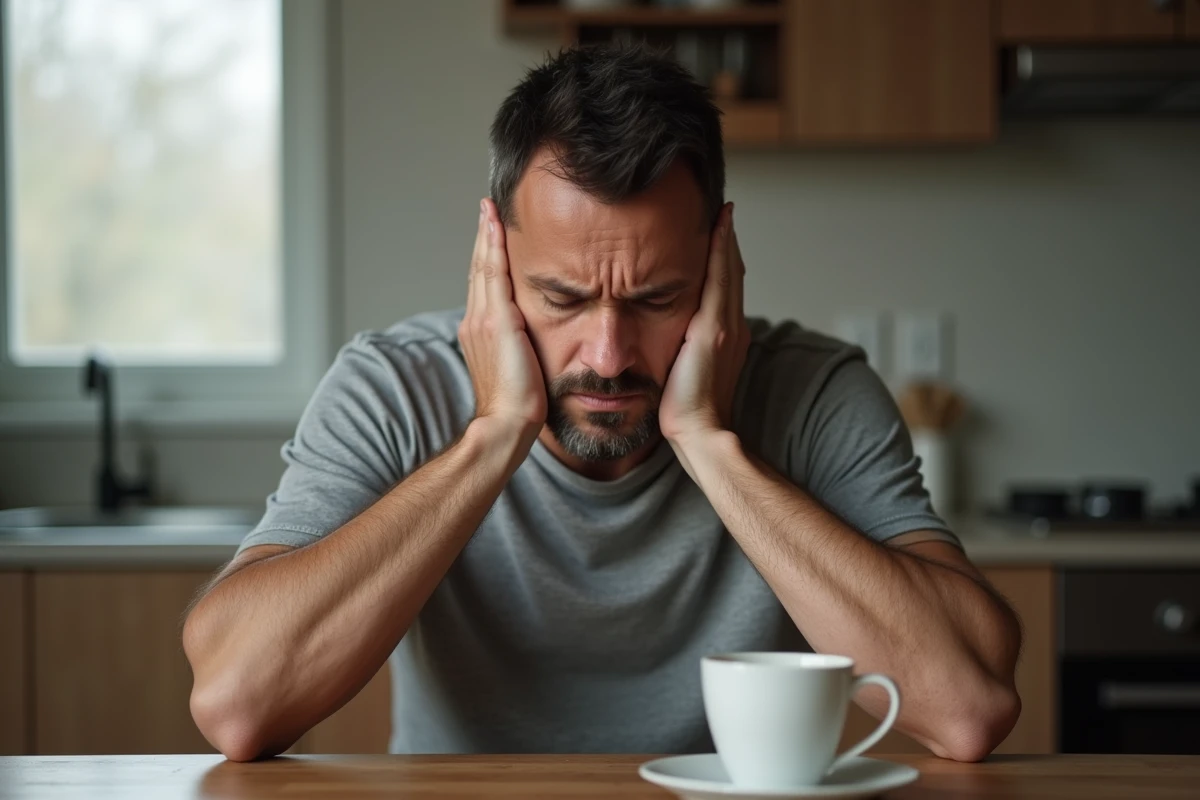 Homme seul dans sa cuisine souffrant de douleurs physiques inexpliquées liées à des troubles somatiques, posture de fatigue et d'inconfort