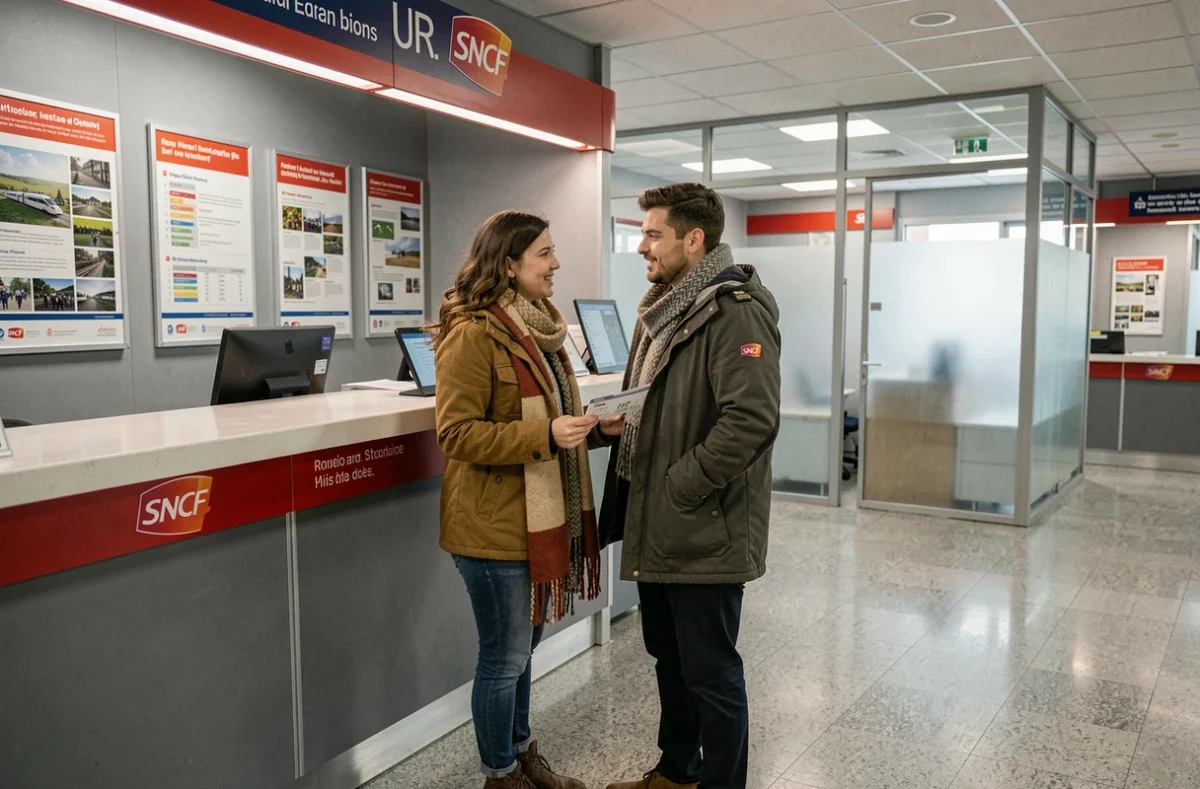Couple échangeant un billet de train au guichet SNCF avec un agent