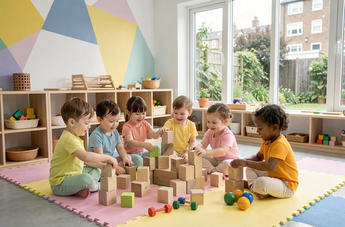 Groupe de tout-petits jouant avec des jouets en bois dans un espace de crèche contemporain et coloré