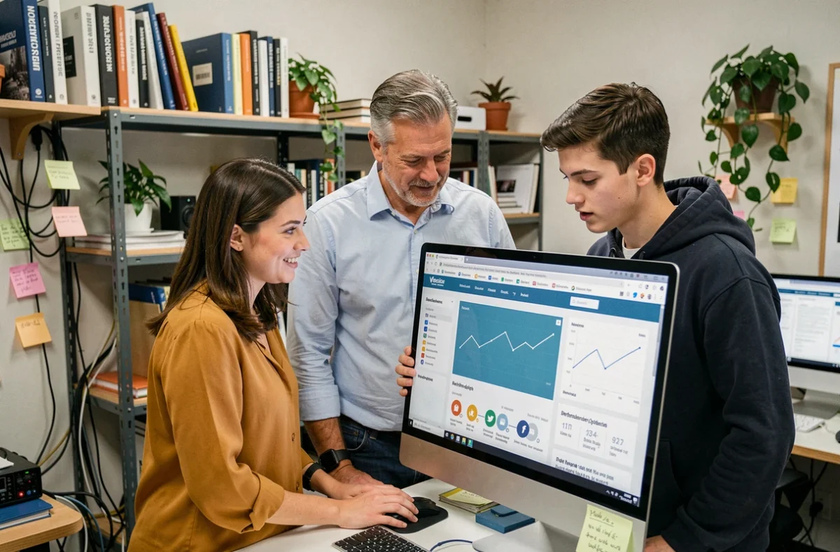 Équipe d'une agence web professionnelle collaborant autour d'une interface de refonte de site et d'indicateurs de performance en ligne