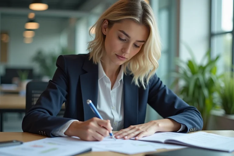 Femme en bureau remplissant un formulaire de logement