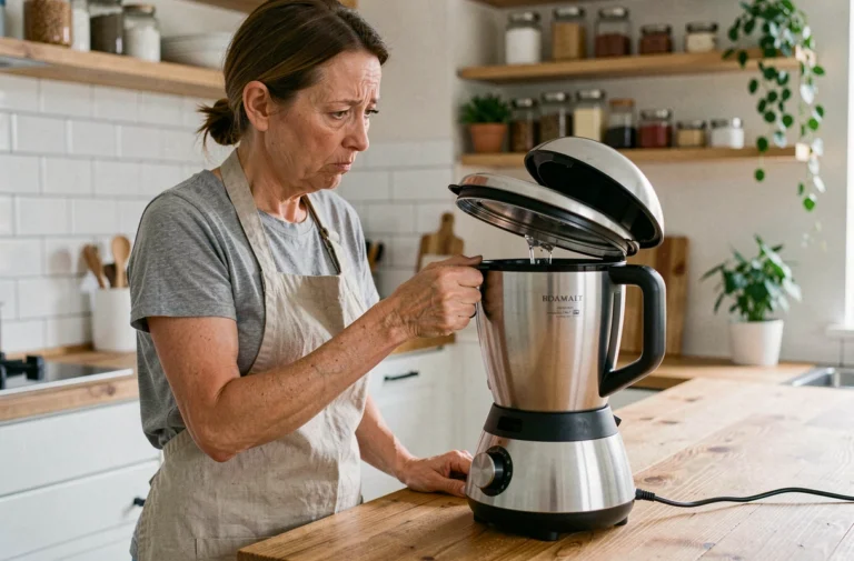Femme inspectant un blender chauffant qui ne fonctionne plus correctement dans une cuisine moderne
