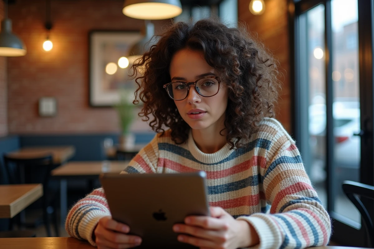 Femme avec lunettes utilisant une tablette dans un café lumineux
