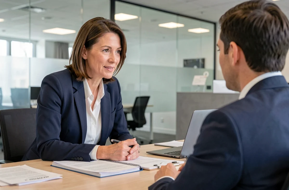 Femme consultant un conseiller bancaire pour obtenir un crédit immobilier dans une agence moderne