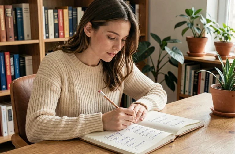 Jeune femme étudiant le vocabulaire espagnol avec des mots en S dans un cahier manuscrit, ambiance studieuse et chaleureuse
