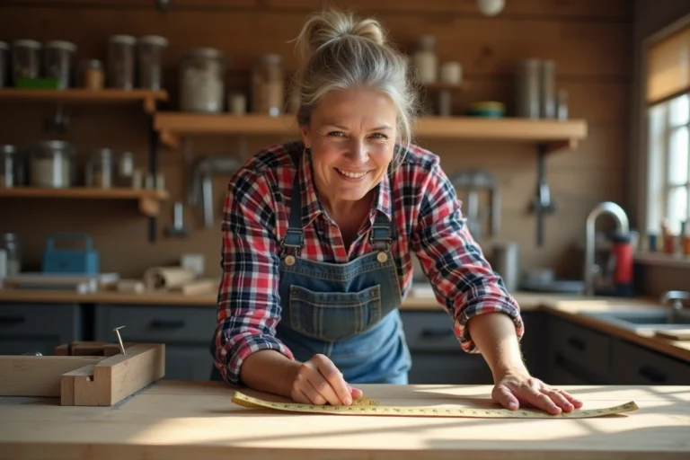 Femme mesurant un bois dans un atelier lumineux
