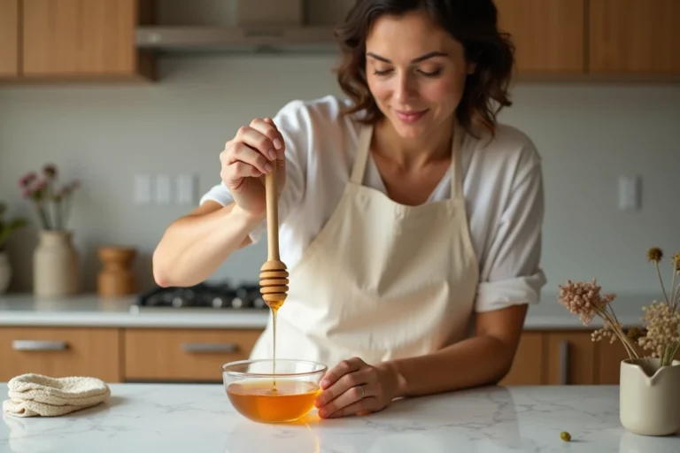 Femme versant du miel doré sur un comptoir en marbre blanc dans une cuisine naturelle, illustrant la question du miel dans un régime sans sucre ajouté