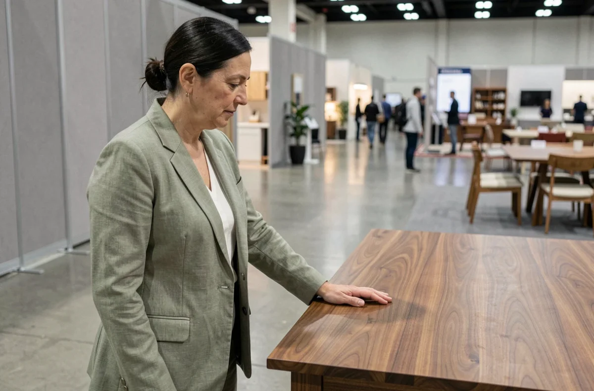 Femme explorant un stand de mobilier contemporain lors du Salon de la Maison, main posée sur une table en noyer
