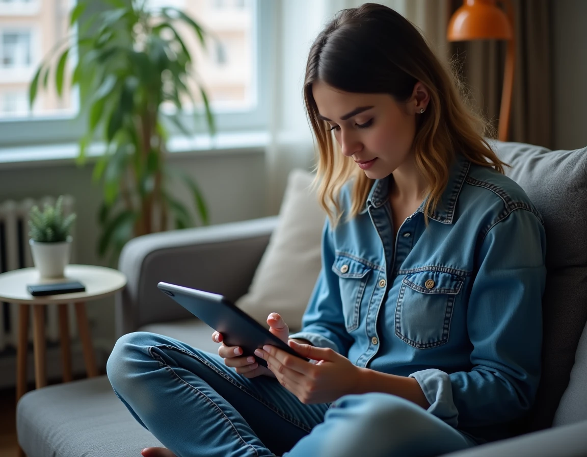 Femme consultant une tablette affichant un message de site bloqué dans un salon moderne