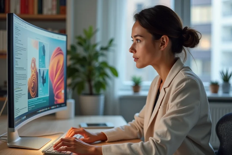 Femme consultant les dernières tendances du web sur un écran incurvé dans un bureau moderne en 2024