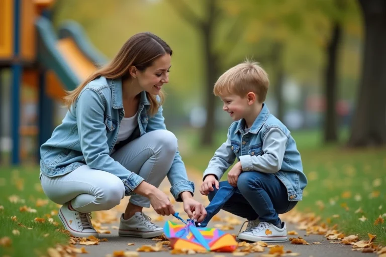 Jeune femme en denim aide son fils à lacer ses chaussures dans un parc