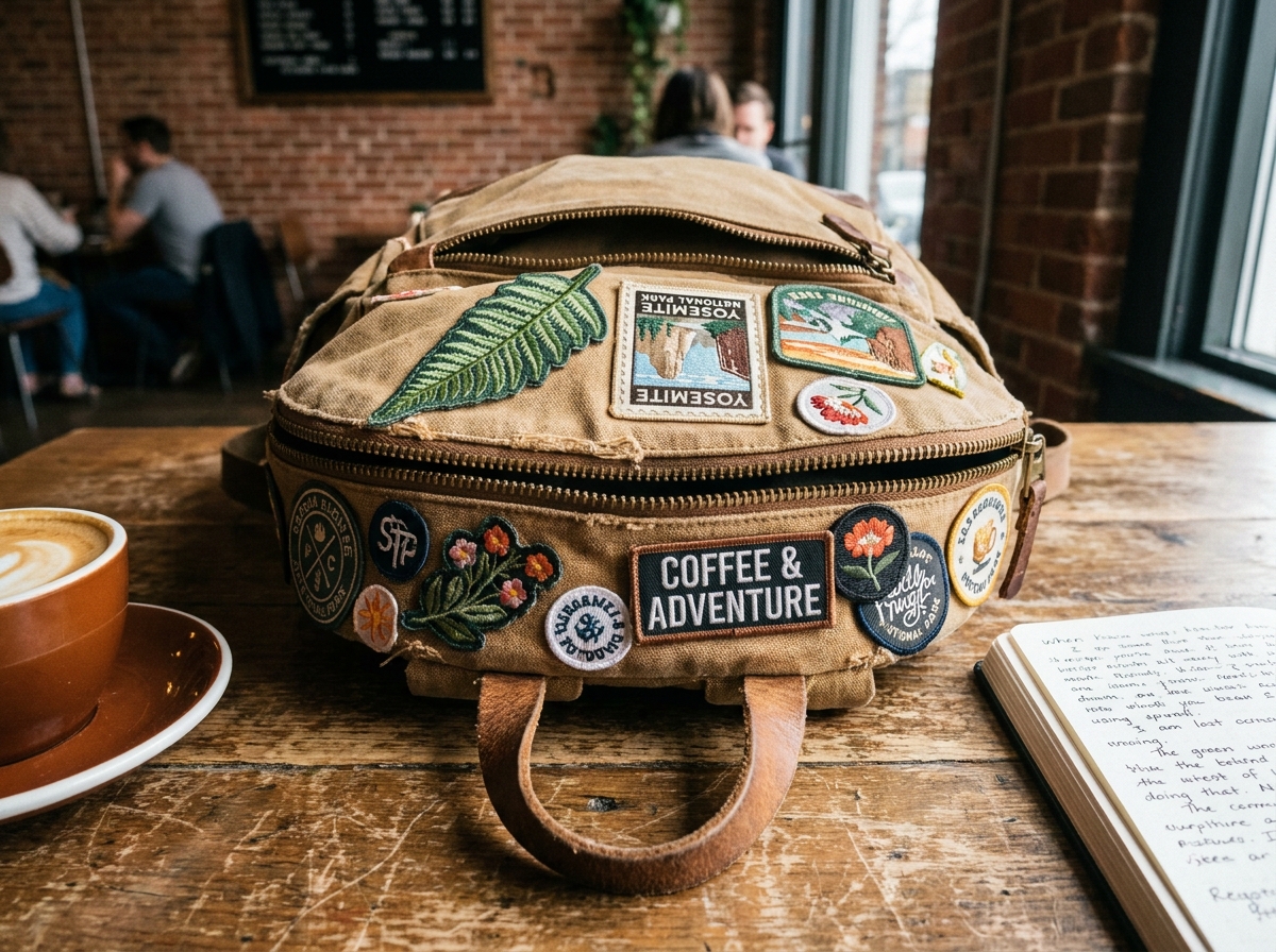 Gros plan sur des écussons brodés variés cousus sur un sac à dos posé dans un café urbain