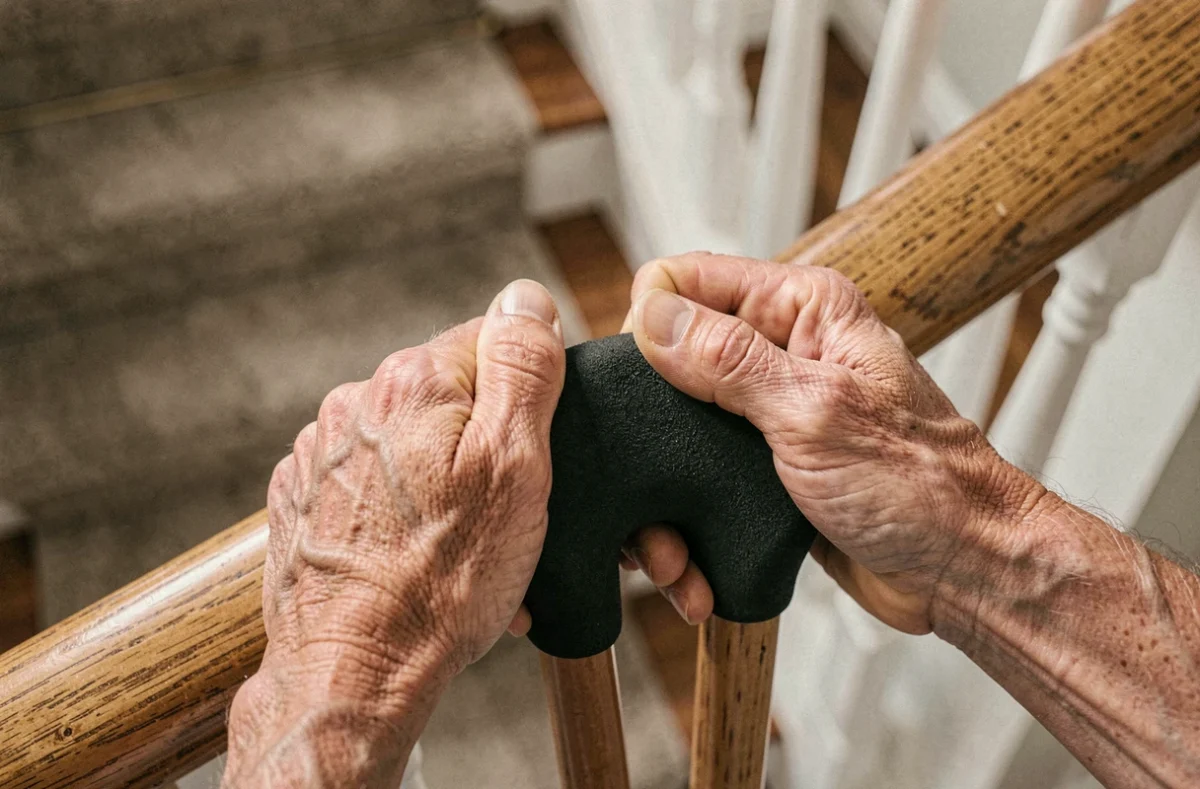 Gros plan des mains tenant fermement la poignée d'une béquille en bois dans un escalier résidentiel