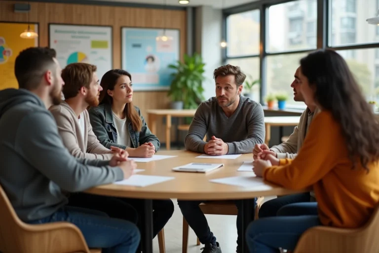 Groupe diversifié en discussion avec un conseiller