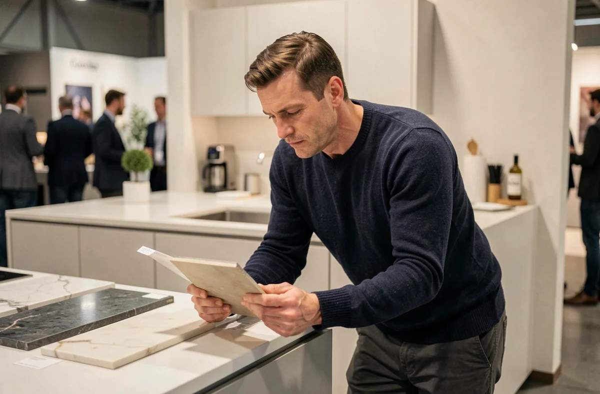 Homme comparant des échantillons de plan de travail dans un espace cuisine aménagé au Salon de la Maison