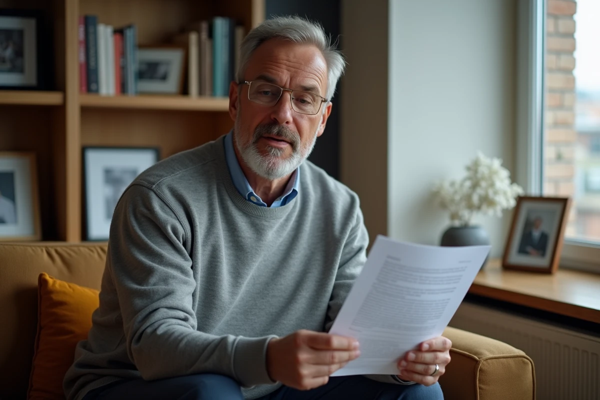 Homme regardant des documents de logement dans un salon
