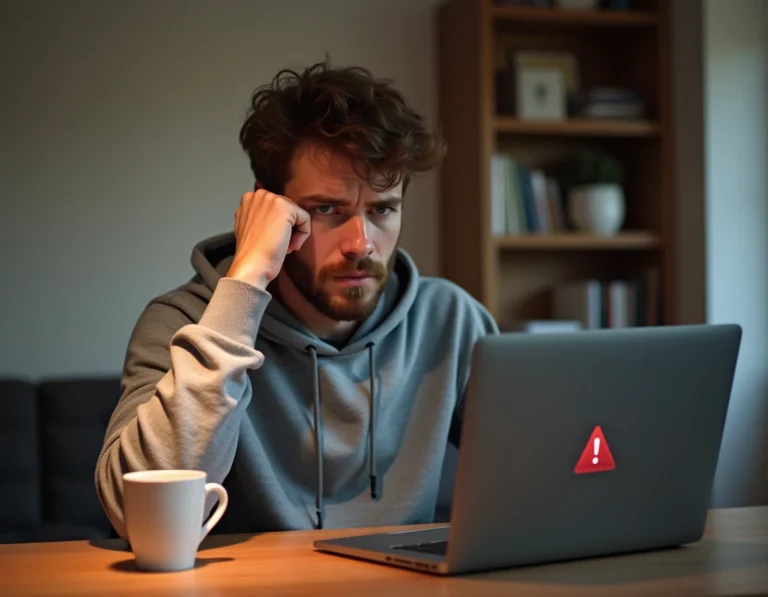 Homme frustré devant un ordinateur portable affichant une erreur de connexion sur Uqload