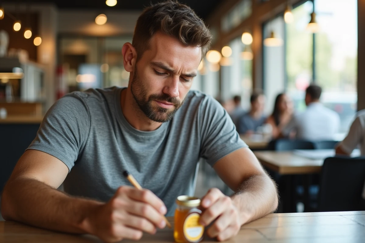 Homme lisant l'étiquette nutritionnelle d'un pot de miel dans un café, illustrant la vigilance sur les sucres dans un régime alimentaire