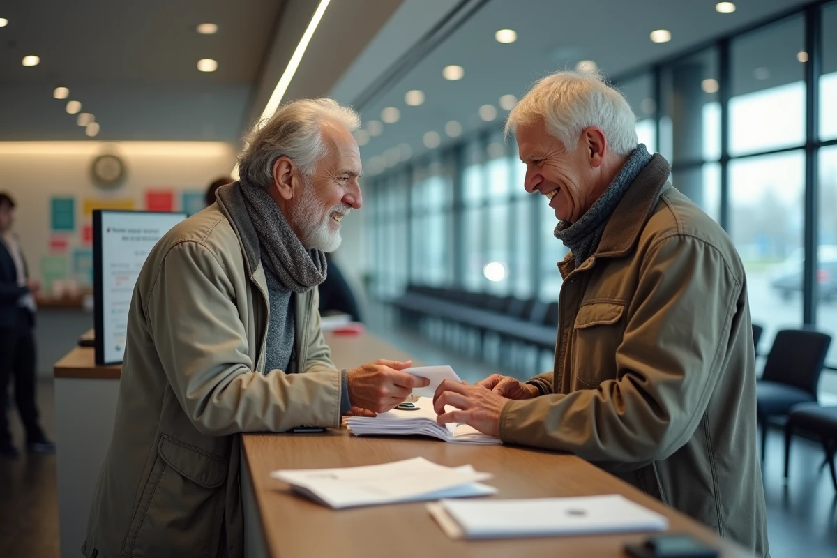 Homme âgé remettant du courrier à un agent postal dans un bureau moderne