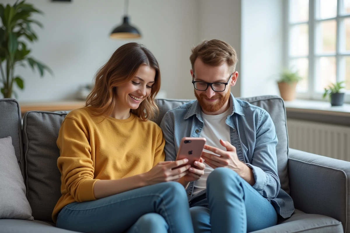 Deux personnes installant une application Android sans compte Google depuis un canapé