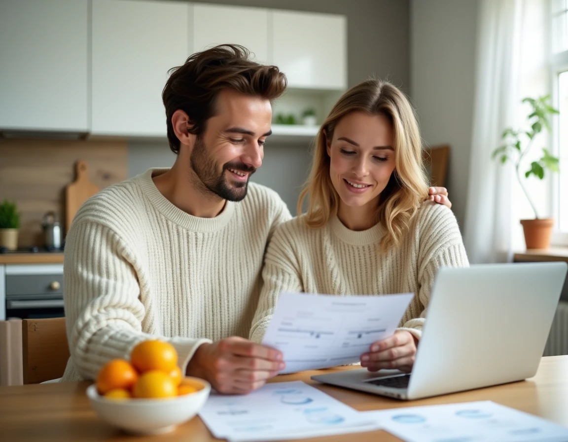 Jeune couple consultant des documents de placement boursier sur ordinateur portable dans une cuisine moderne