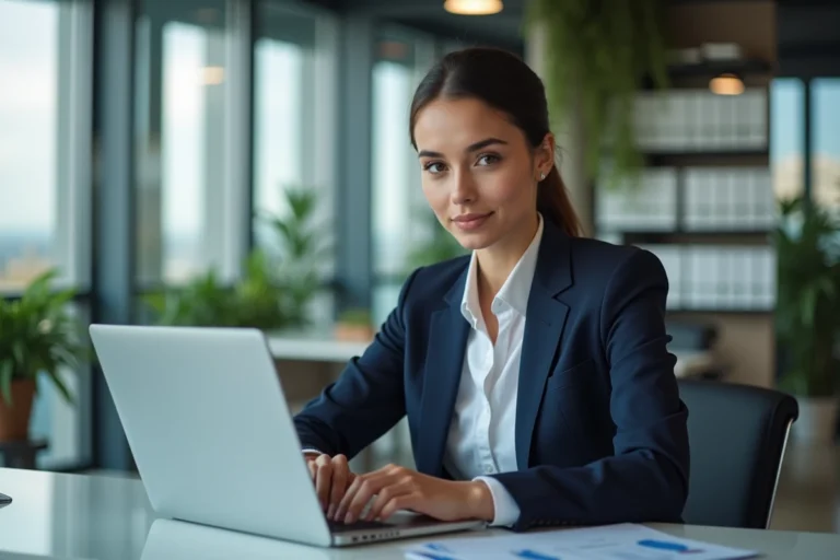 Jeune femme d'affaires en blazer navy au bureau