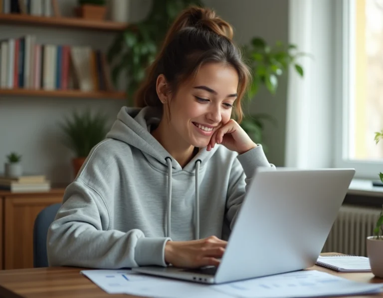 Jeune femme consultant des documents d'aide financière sur un bureau en bois dans un appartement modeste