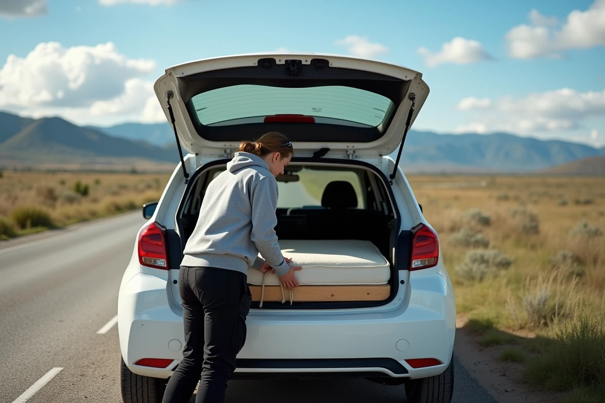 Jeune femme attachant un matelas sur une voiture en extérieur