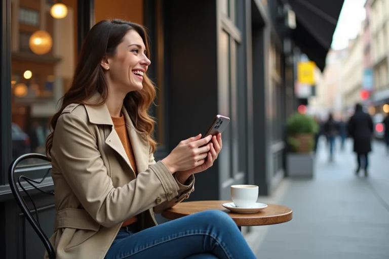 Jeune femme souriante avec trench dans un café en ville