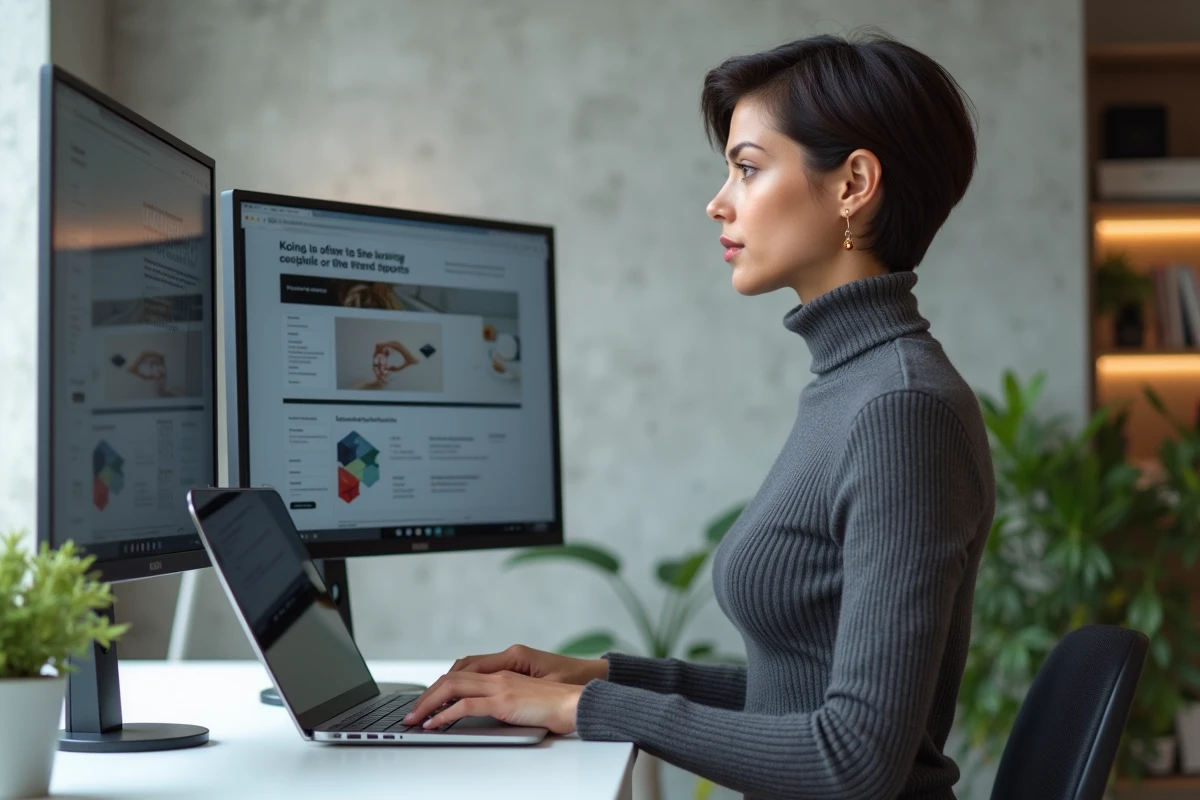 Jeune femme debout travaillant sur les tendances web 2024 avec un double écran dans un appartement minimaliste