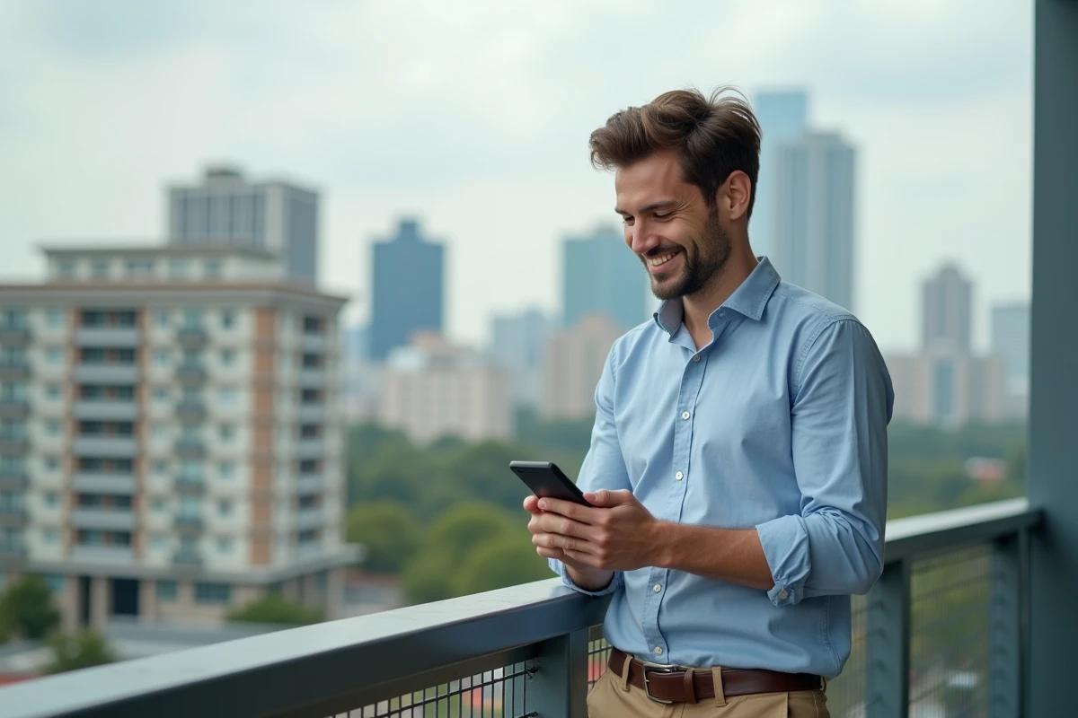 Jeune homme souriant uploadant une annonce sur son smartphone en extérieur
