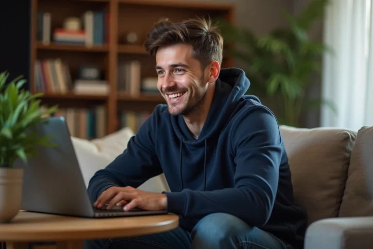 Jeune homme en hoodie regardant un film sur son laptop dans un salon