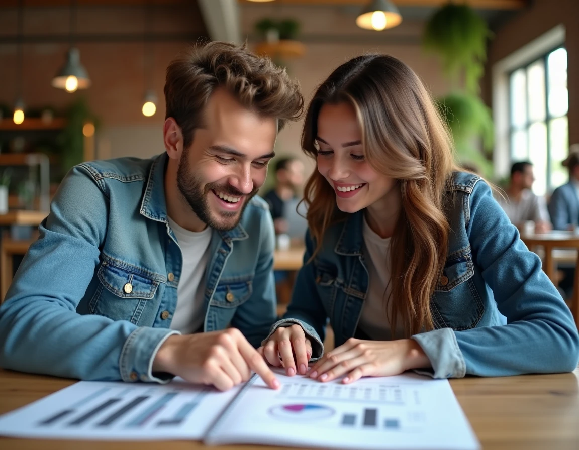 Deux jeunes adultes consultant un budget dans un espace de coworking pour une demande d'aide financière