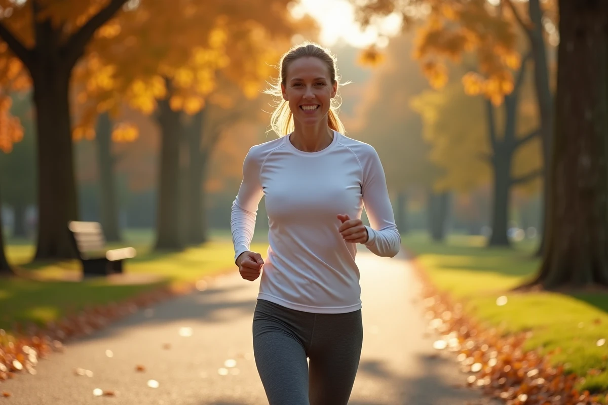 Femme faisant du jogging sur un sentier de parc ombragé en automne pour prendre soin de sa santé au quotidien